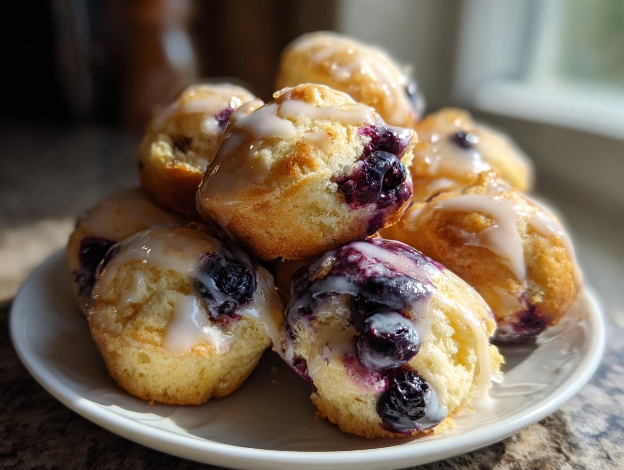A close-up of several golden blueberry lemon pancake bites drizzled with a sweet white glaze, piled on a small white plate.