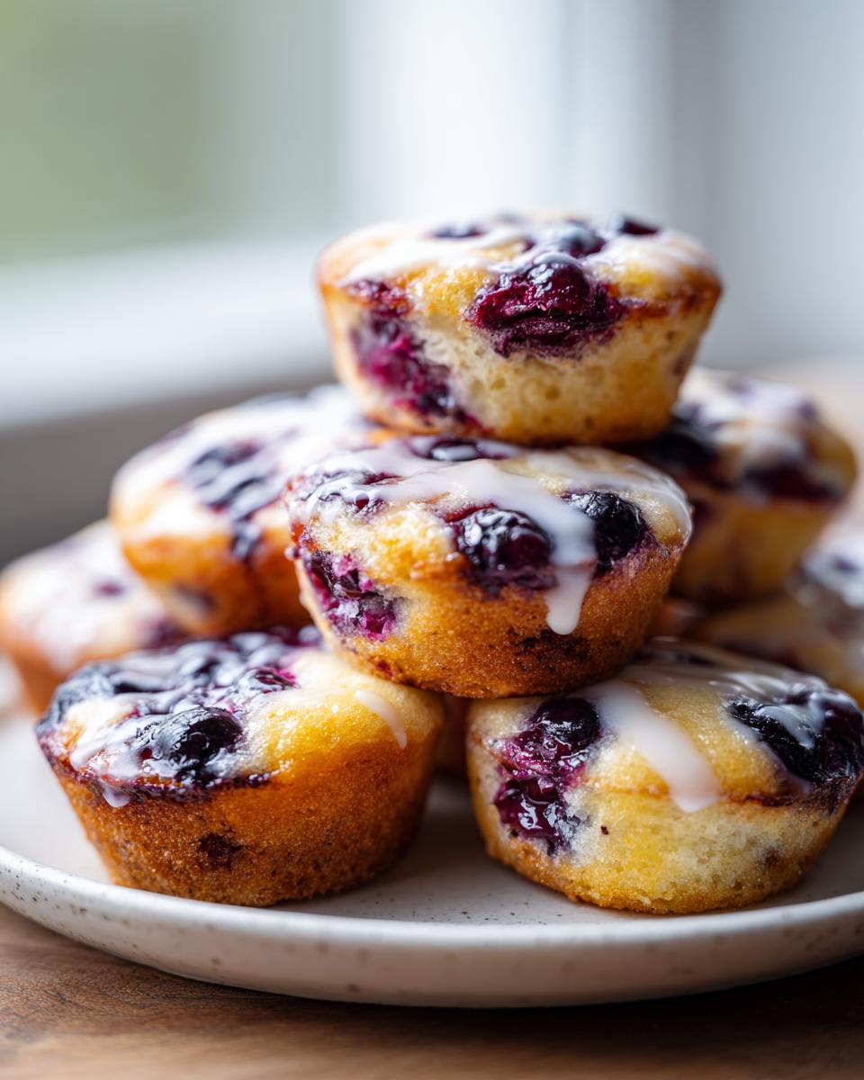 A stack of golden blueberry lemon pancake bites drizzled with a sweet white glaze.