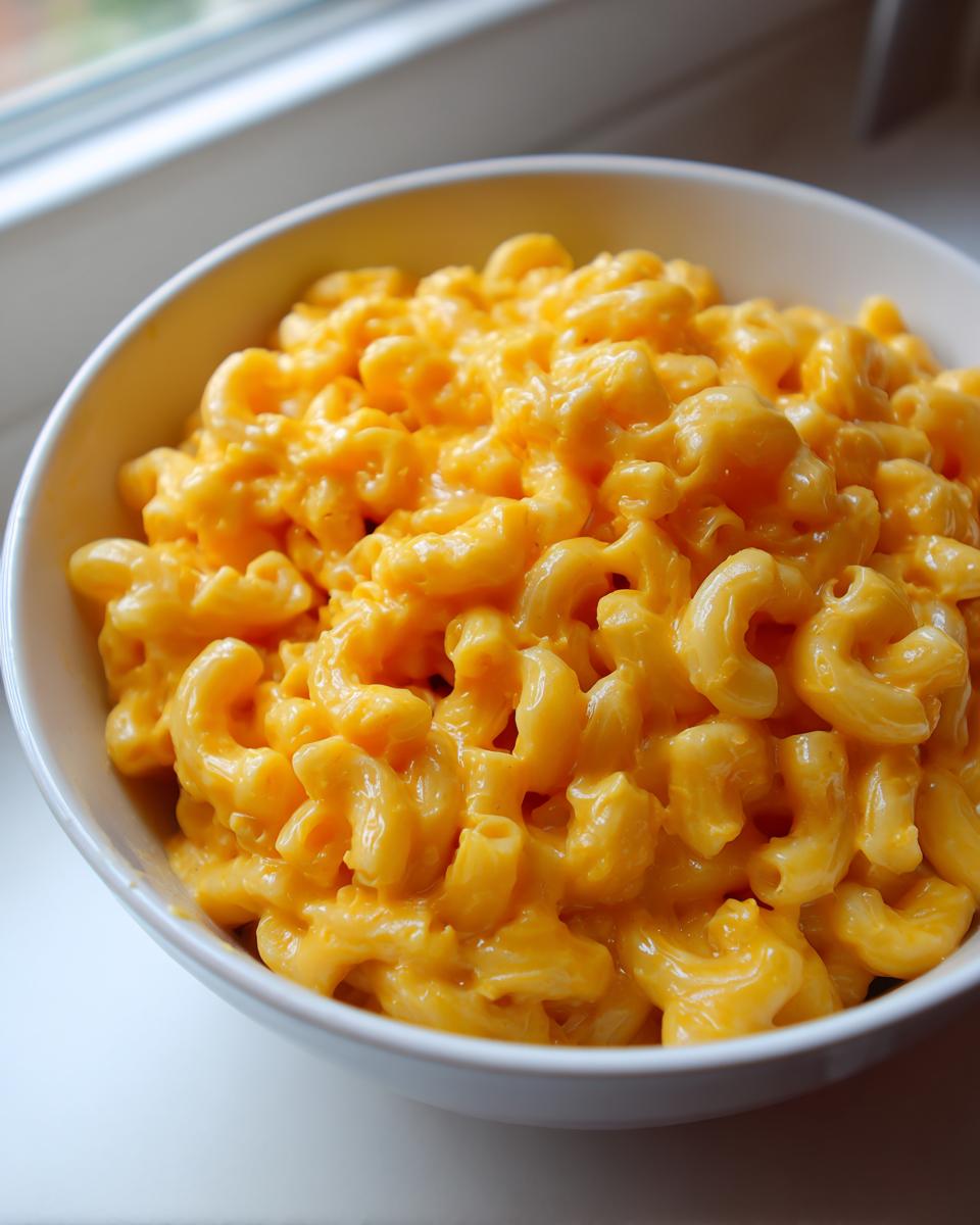 A close-up photo of a white bowl filled with rich, bright orange extra creamy classic mac and cheese.
