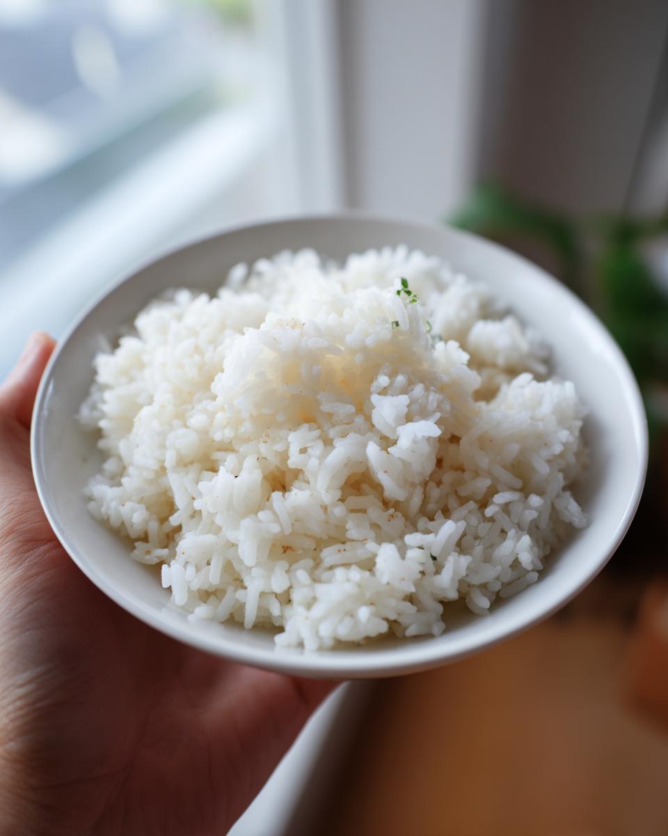 A hand holds a white bowl filled with fluffy, white texas roadhouse seasoned rice, garnished with a tiny green herb speck.