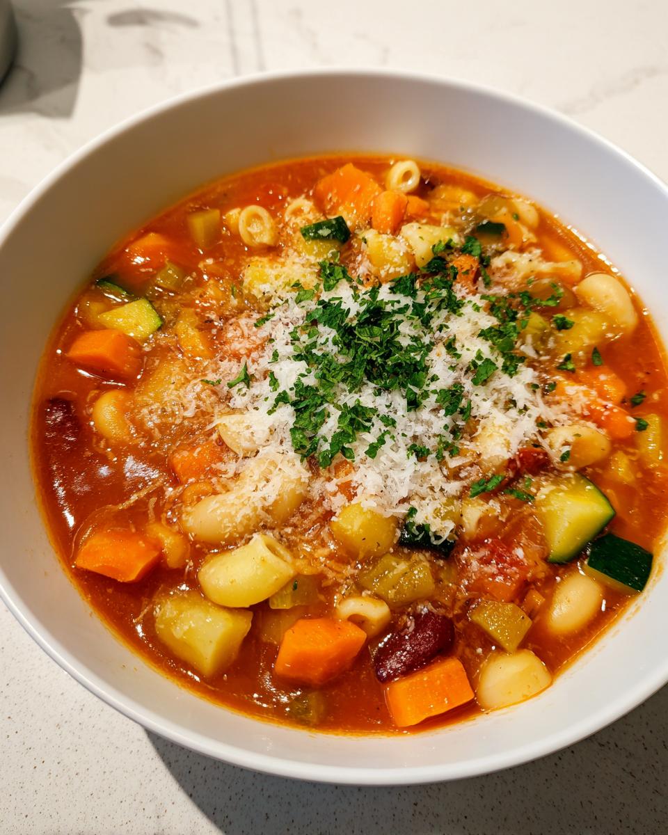 Close-up of a bowl of rich vegetable minestrone soup loaded with carrots, zucchini, beans, and pasta, topped with grated Parmesan and parsley.