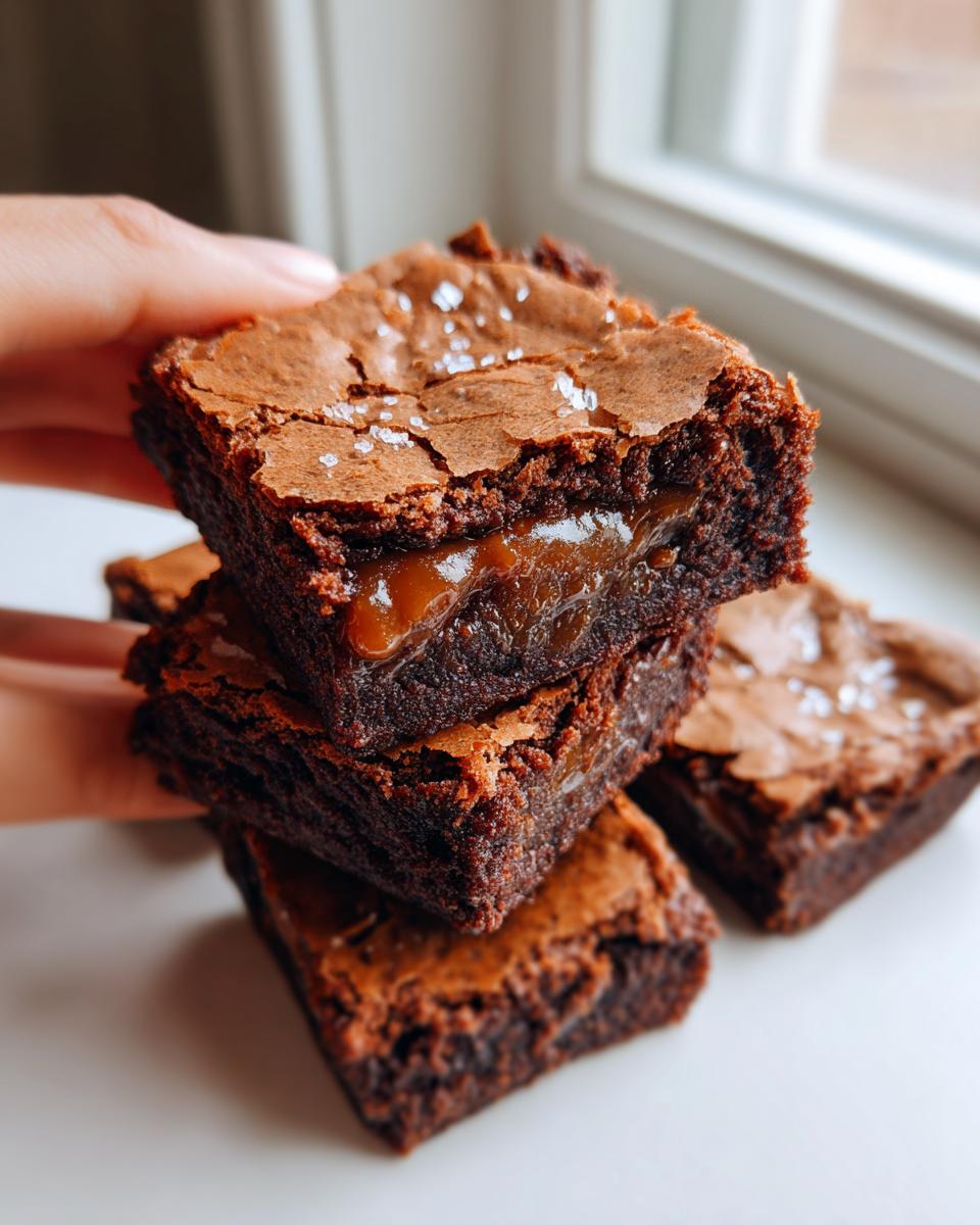 A stack of rich, fudgy brown butter ooey gooey bars with a visible caramel center, topped with flaky sea salt.