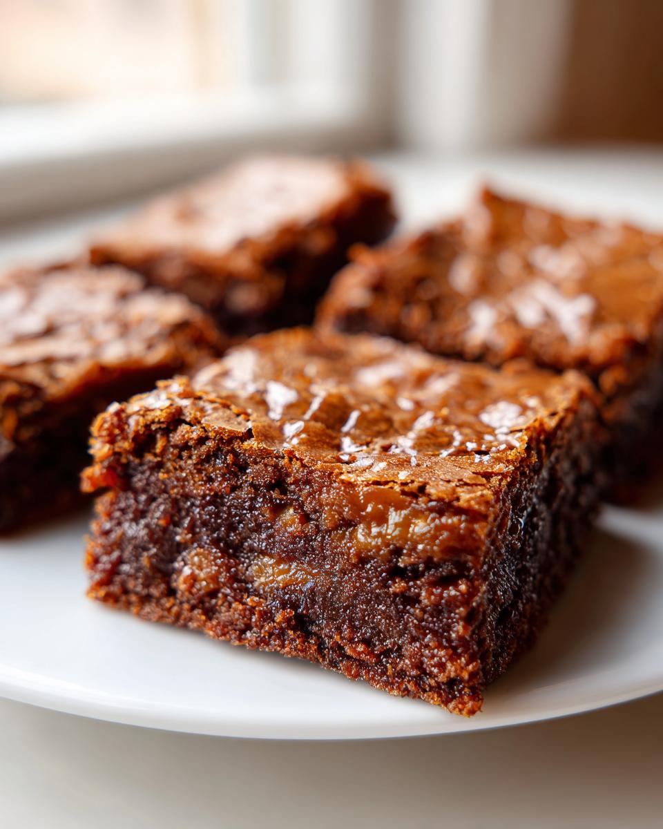 A close-up of a rich, fudgy brown butter ooey gooey bars square showing a gooey caramel layer inside.