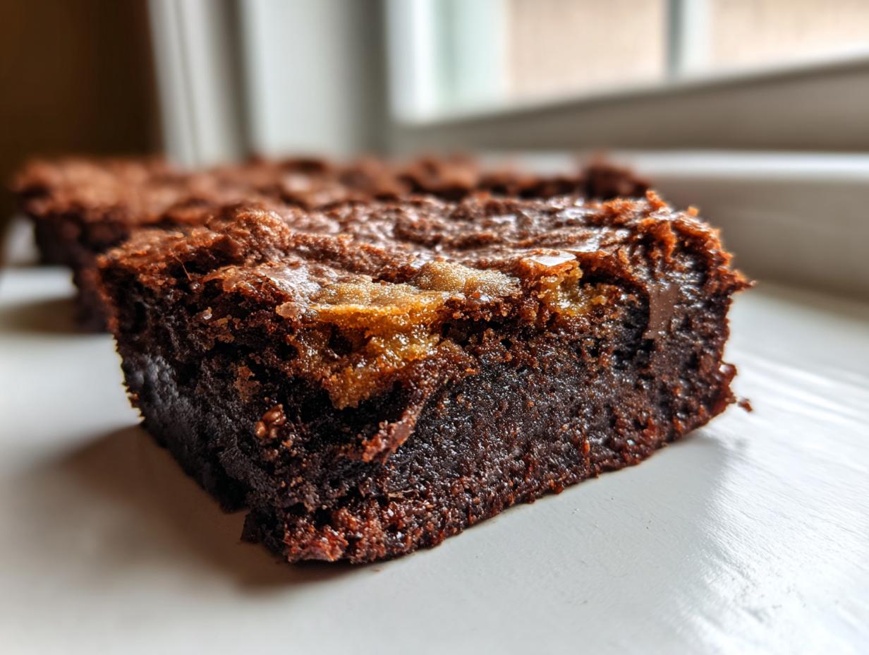 A close-up of a rich, fudgy square of brown butter ooey gooey bars showing a shiny, crackly top.