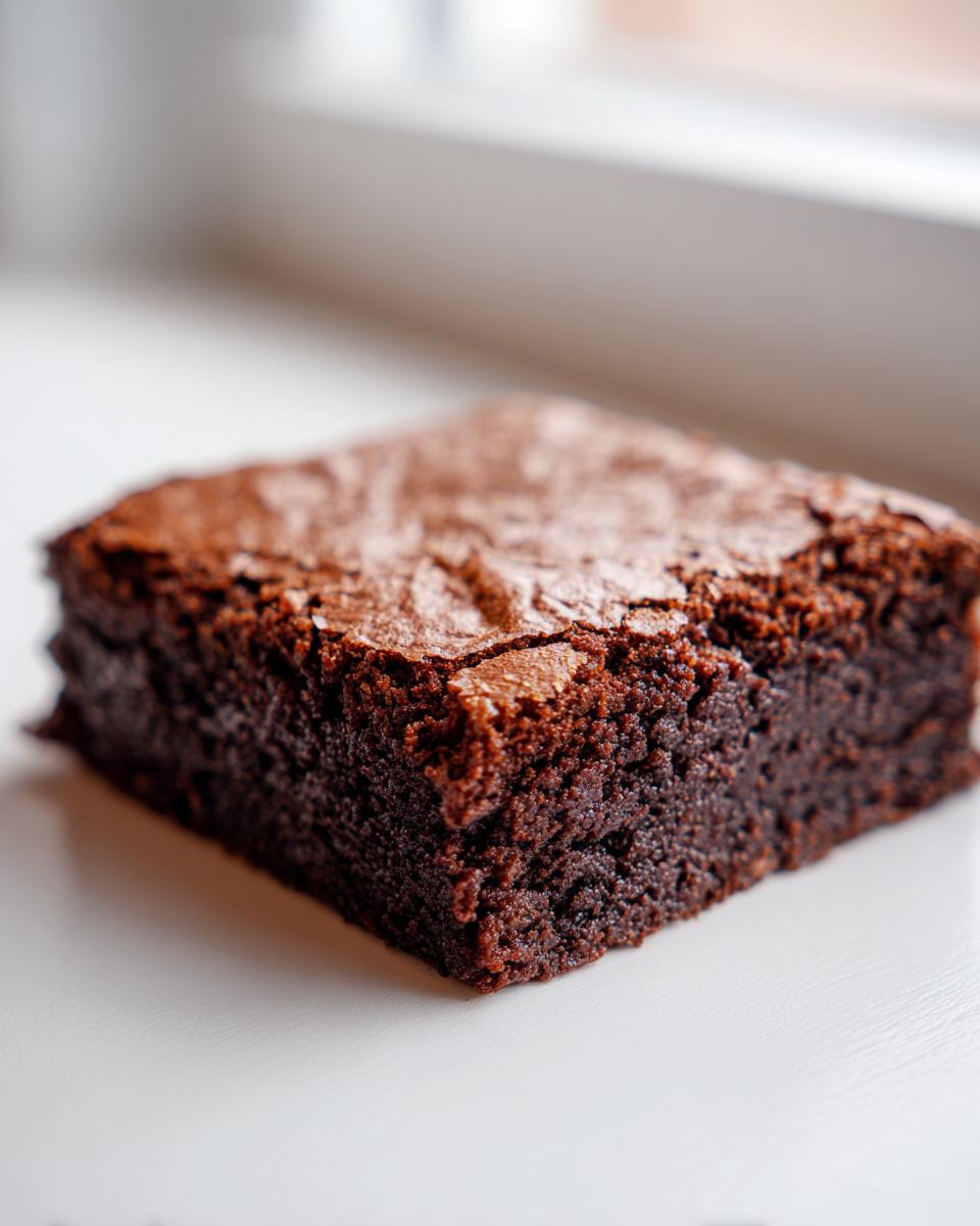A single, rich, dark chocolate square of brown butter ooey gooey bars with a shiny, crackled top.