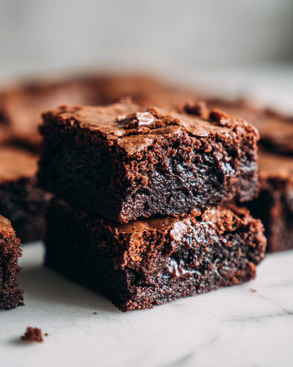 Close-up of two stacked, fudgy brown butter ooey gooey bars with shiny, crackly tops on a white surface.