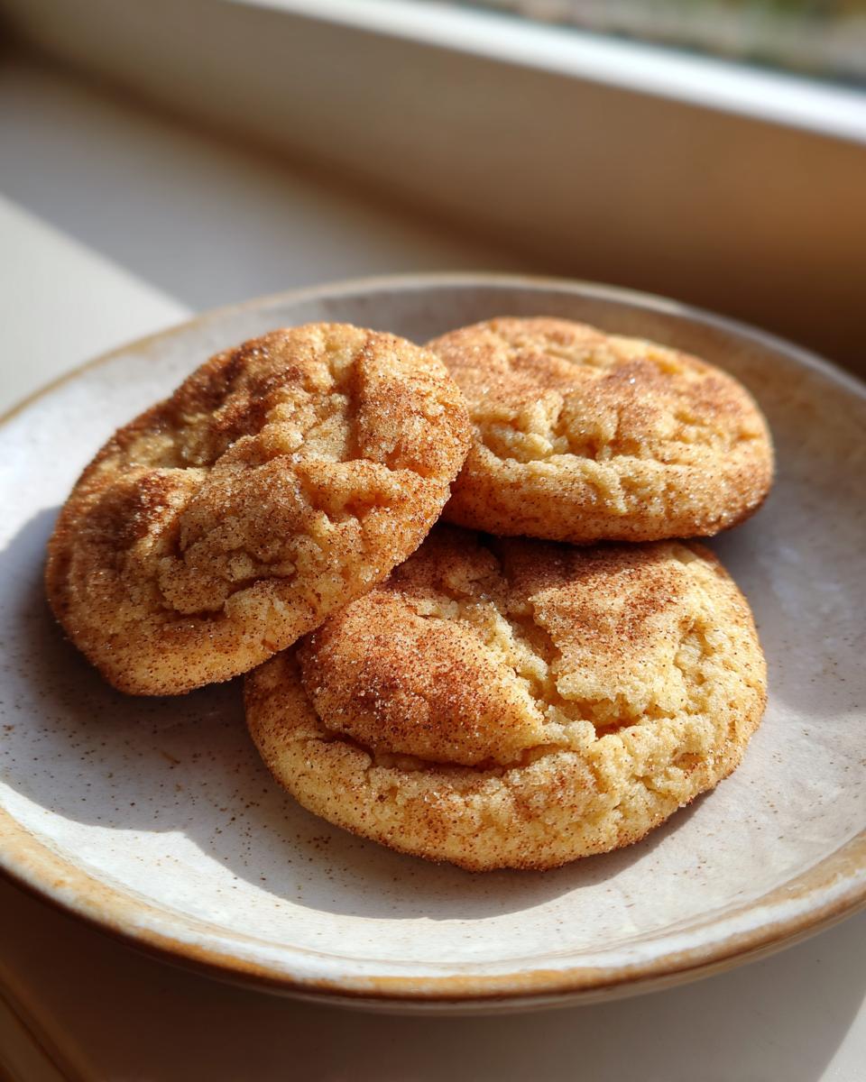 Three soft, golden brown butter sugar cookies dusted heavily with cinnamon sugar, resting on a speckled ceramic plate.