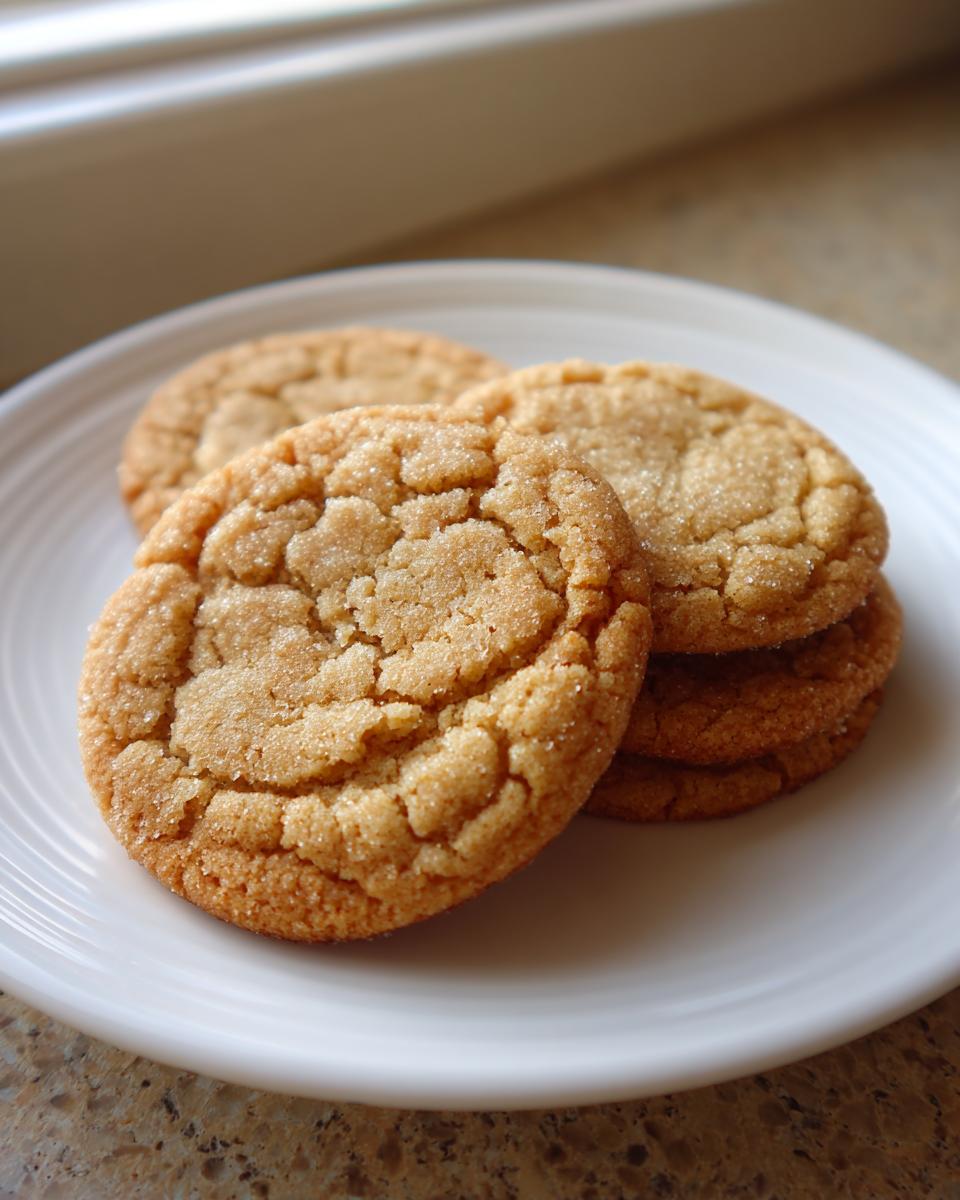 A stack of freshly baked brown butter sugar cookies with a crackled, sugary top, resting on a white plate.
