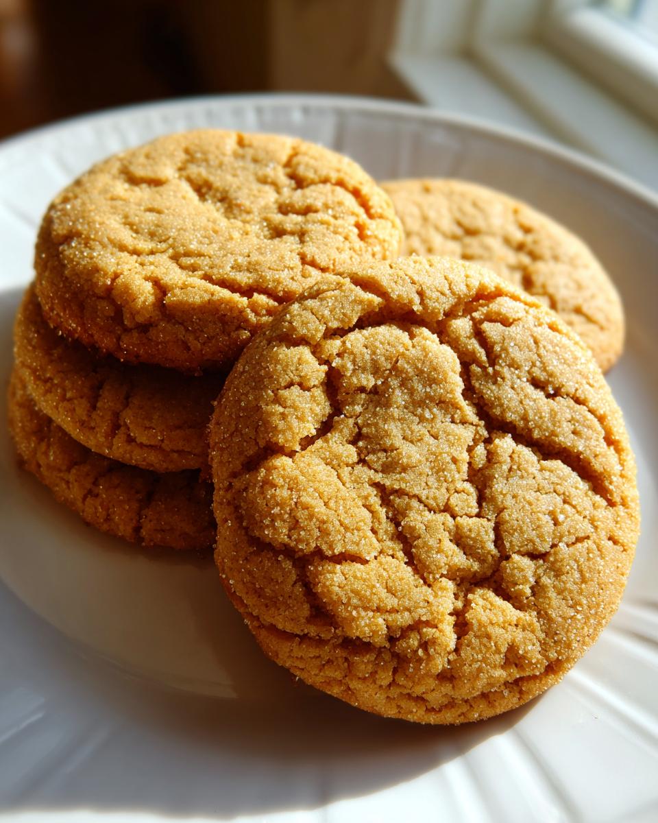 A close-up of several golden brown butter sugar cookies stacked on a white plate, showing their cracked, sugary tops.