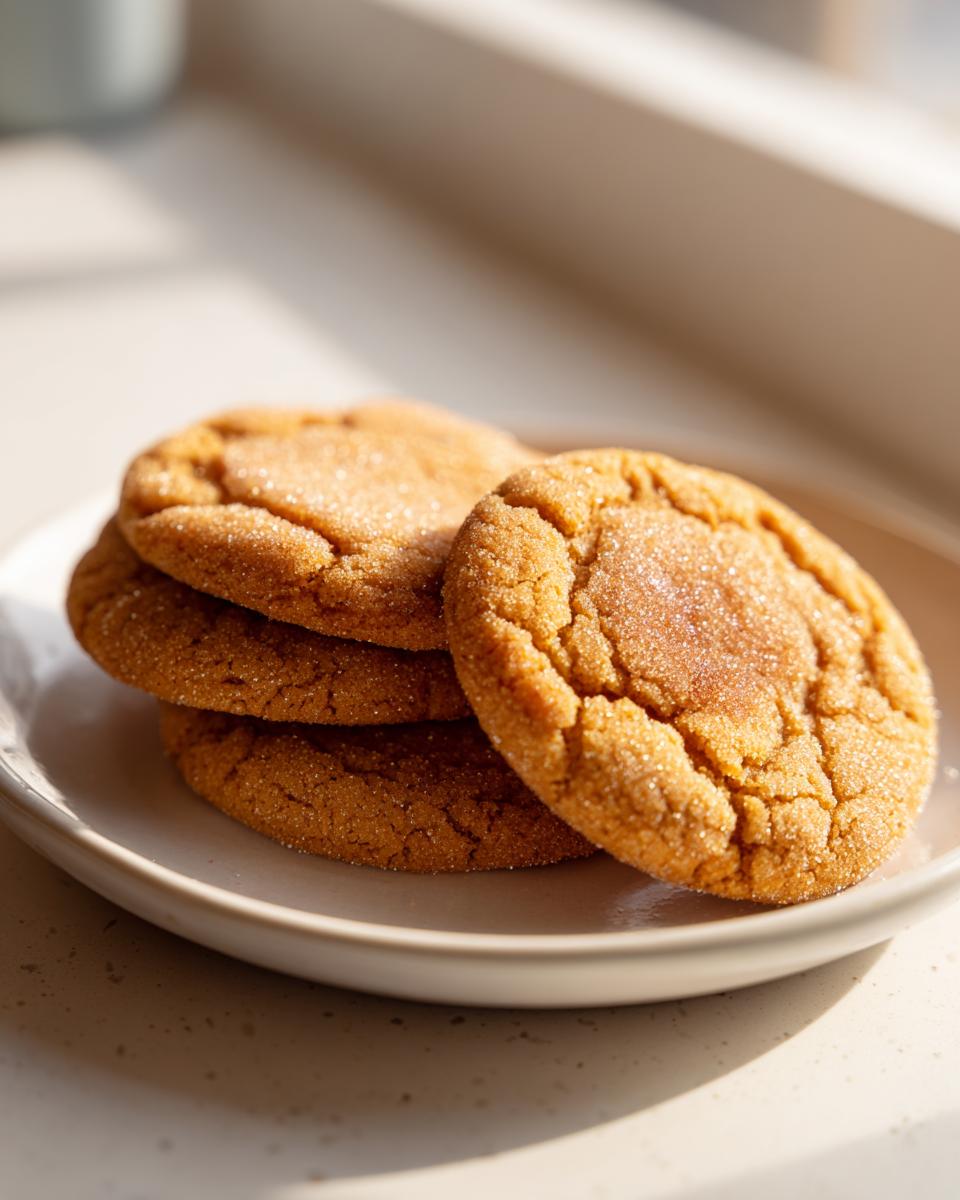 A stack of three golden brown butter sugar cookies, coated in granulated sugar, resting on a light plate.