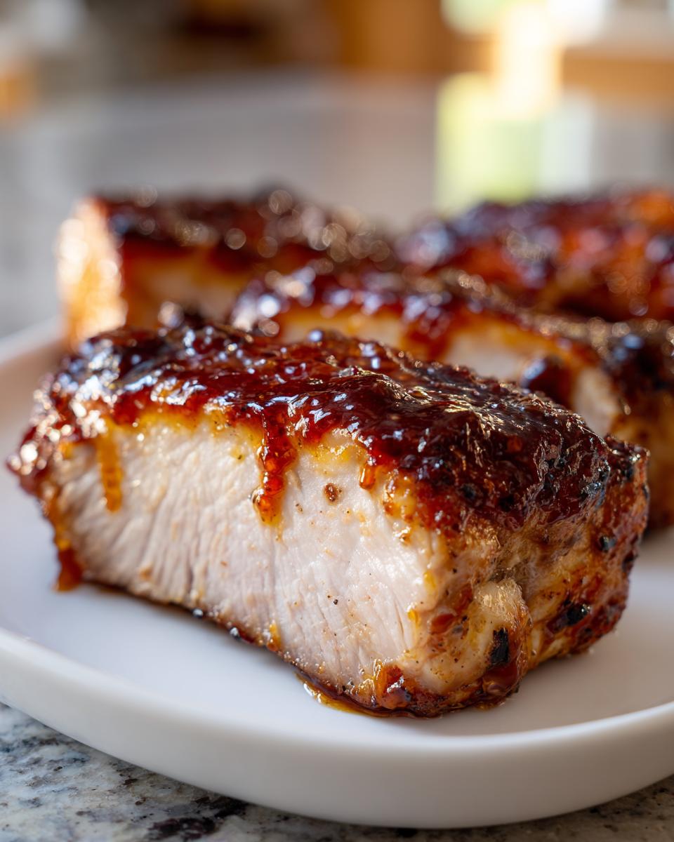 Close-up of a thick, juicy brown sugar baked pork chop, cut to show the tender interior and sticky glaze.
