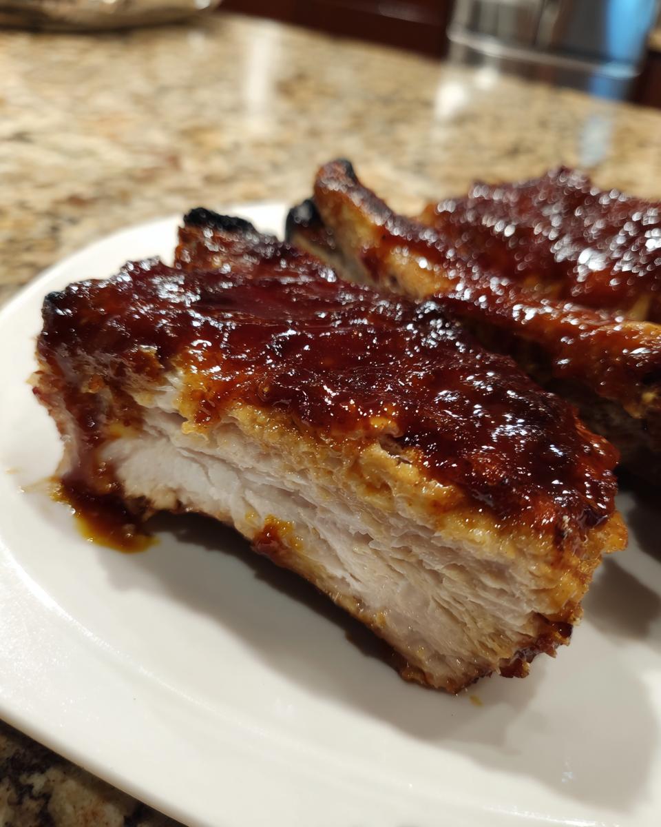 Close-up of a juicy, cross-section cut of brown sugar baked pork chops covered in a thick, glossy glaze.