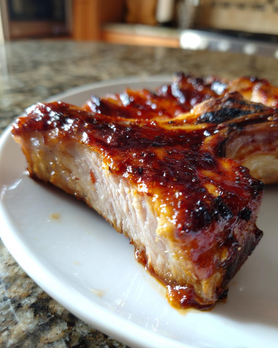 Close-up of a thick, juicy brown sugar baked pork chop showing the caramelized glaze and tender interior.