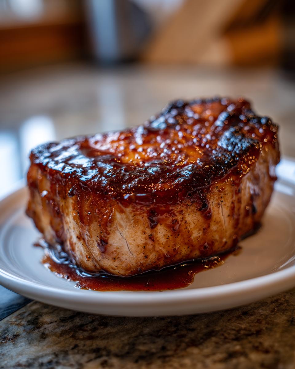 A thick, juicy pork chop coated in a dark, caramelized brown sugar glaze, sitting on a white plate.