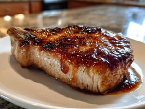 Close-up of a thick, juicy brown sugar baked pork chop covered in a rich, dark glaze.