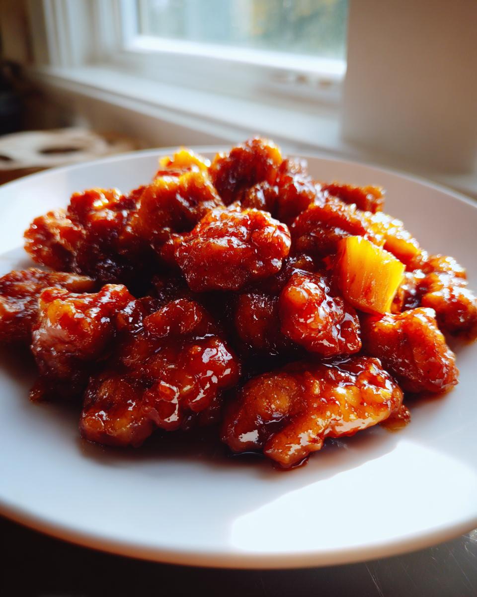 Close-up of glossy, saucy brown sugar pineapple chicken pieces piled on a white plate.