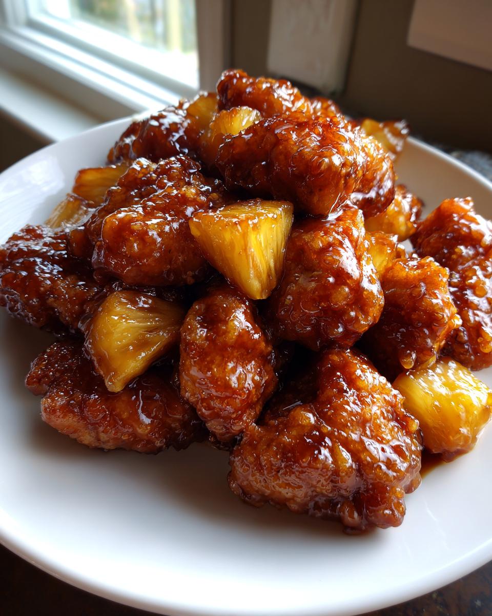 Close-up of crispy, glazed brown sugar pineapple chicken mixed with chunks of pineapple on a white plate.