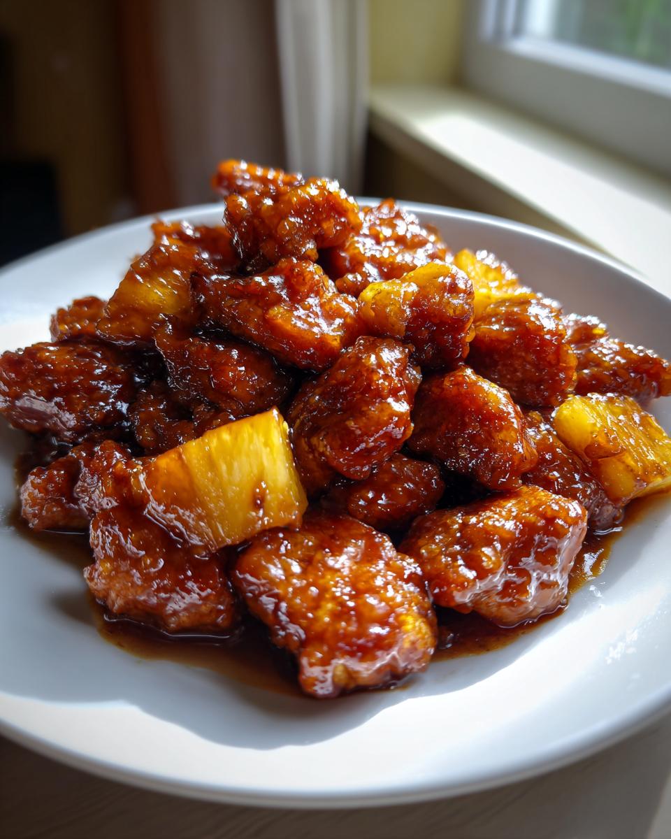 Close-up of glistening, saucy pieces of brown sugar pineapple chicken mixed with chunks of pineapple on a white plate.
