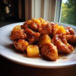 Close-up of saucy brown sugar pineapple chicken pieces served on a white plate.