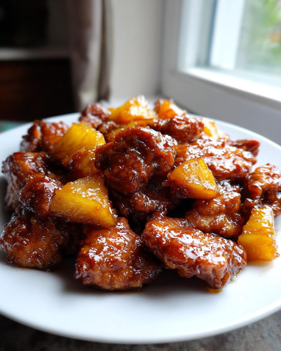 Close-up of glossy, saucy brown sugar pineapple chicken pieces mixed with chunks of pineapple on a white plate.