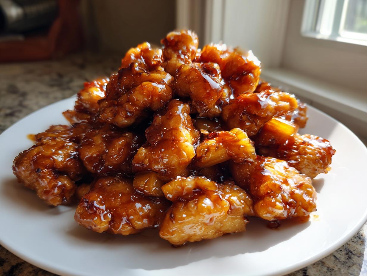 A mound of glistening, glazed brown sugar pineapple chicken pieces piled high on a white plate.