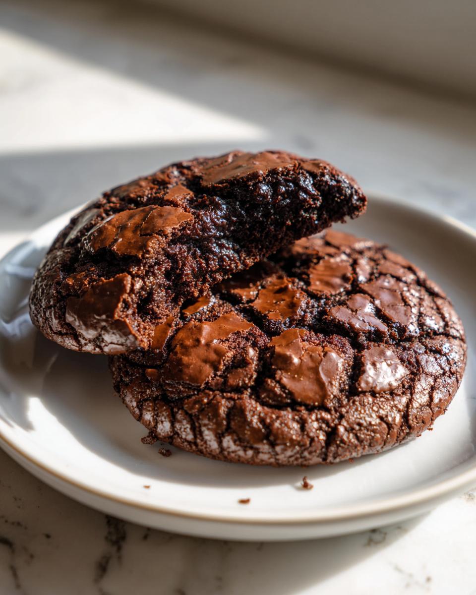 Two rich, dark chocolate brownie mix cookies on a white plate, one broken open to show the fudgy interior.