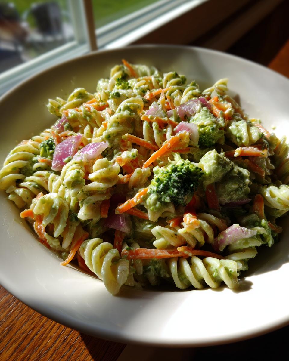 A bowl filled with creamy california pasta salad featuring rotini, shredded carrots, broccoli florets, and red onion pieces.
