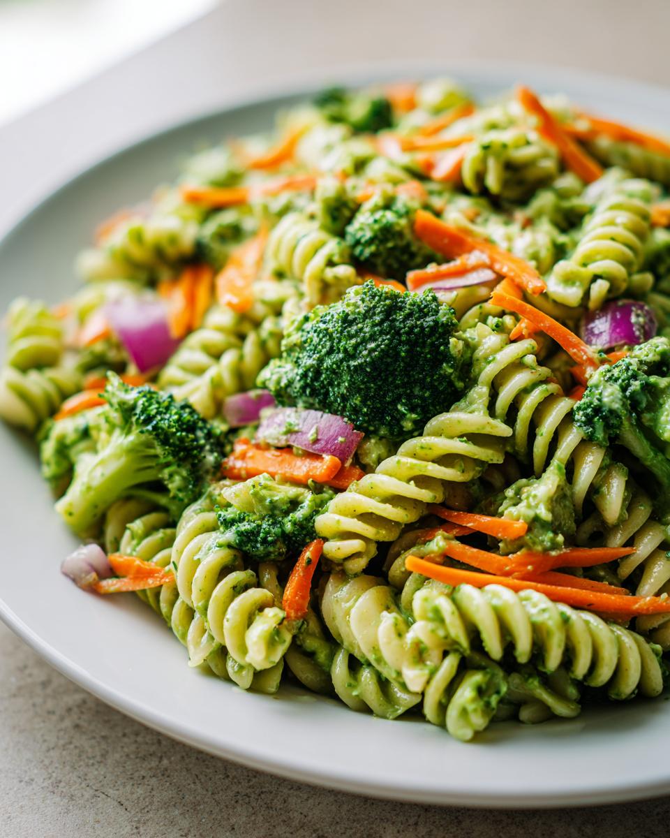 A close-up of a vibrant california pasta salad featuring green rotini pasta, broccoli florets, shredded carrots, and red onion.