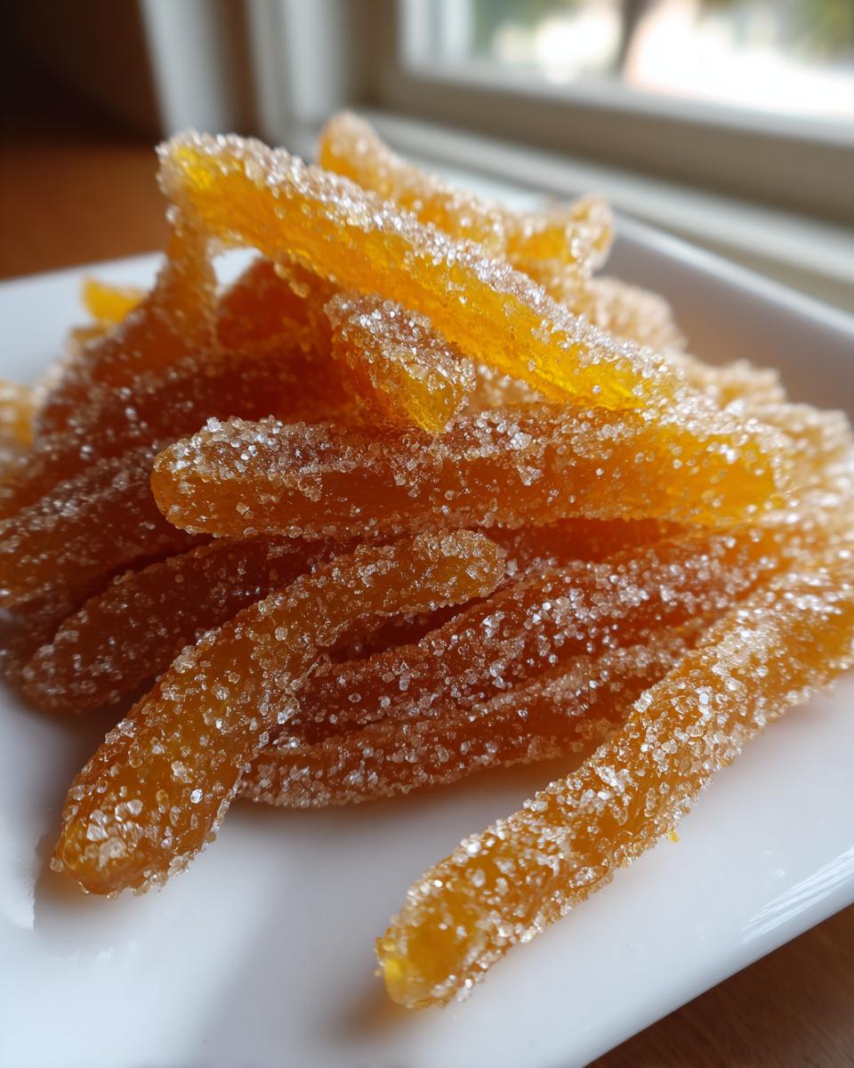 A pile of bright orange, glistening candied lemon peel strips heavily coated in granulated sugar.