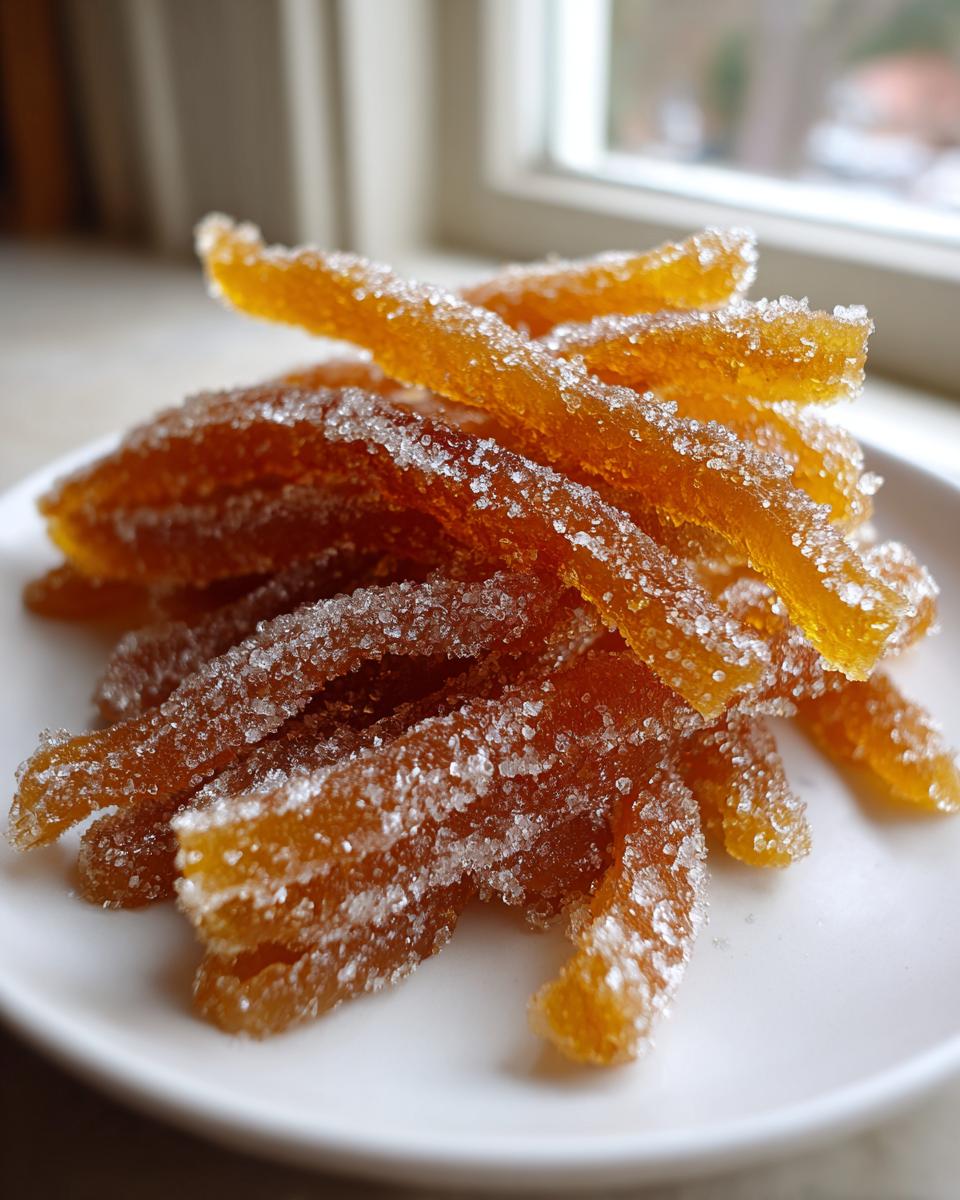 Close-up of glistening, sugar-coated candied lemon peel strips piled on a white plate.