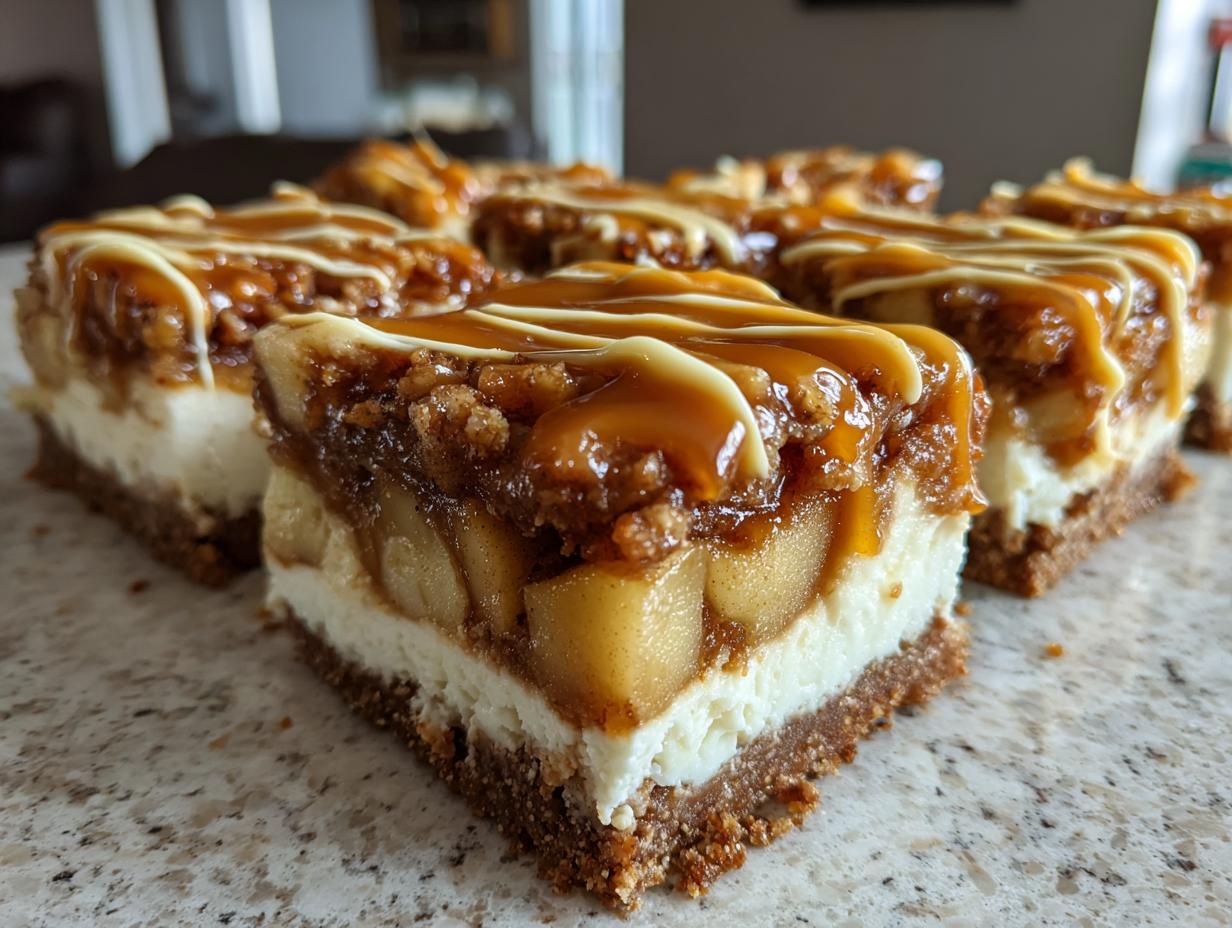 A close-up of several rich caramel apple cheesecake bars showing the graham cracker crust, creamy cheesecake layer, apple filling, and caramel drizzle.