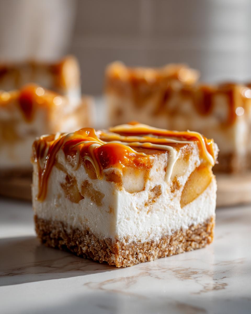 A single square of caramel apple cheesecake bars showing a graham cracker crust, creamy filling with apple chunks, and a thick caramel drizzle.