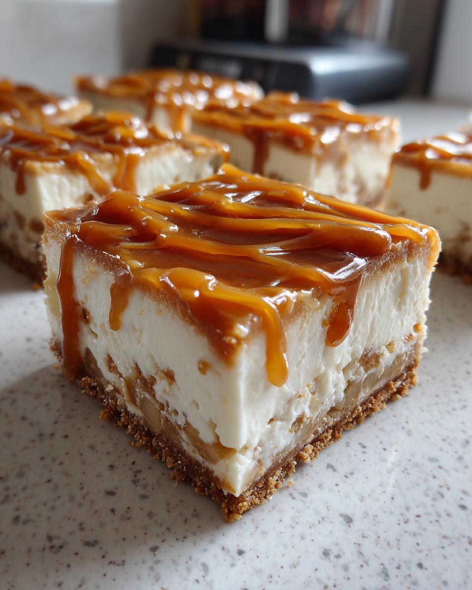 A thick slice of caramel apple cheesecake bars featuring a graham cracker crust, creamy filling, and generous caramel drizzle on top.