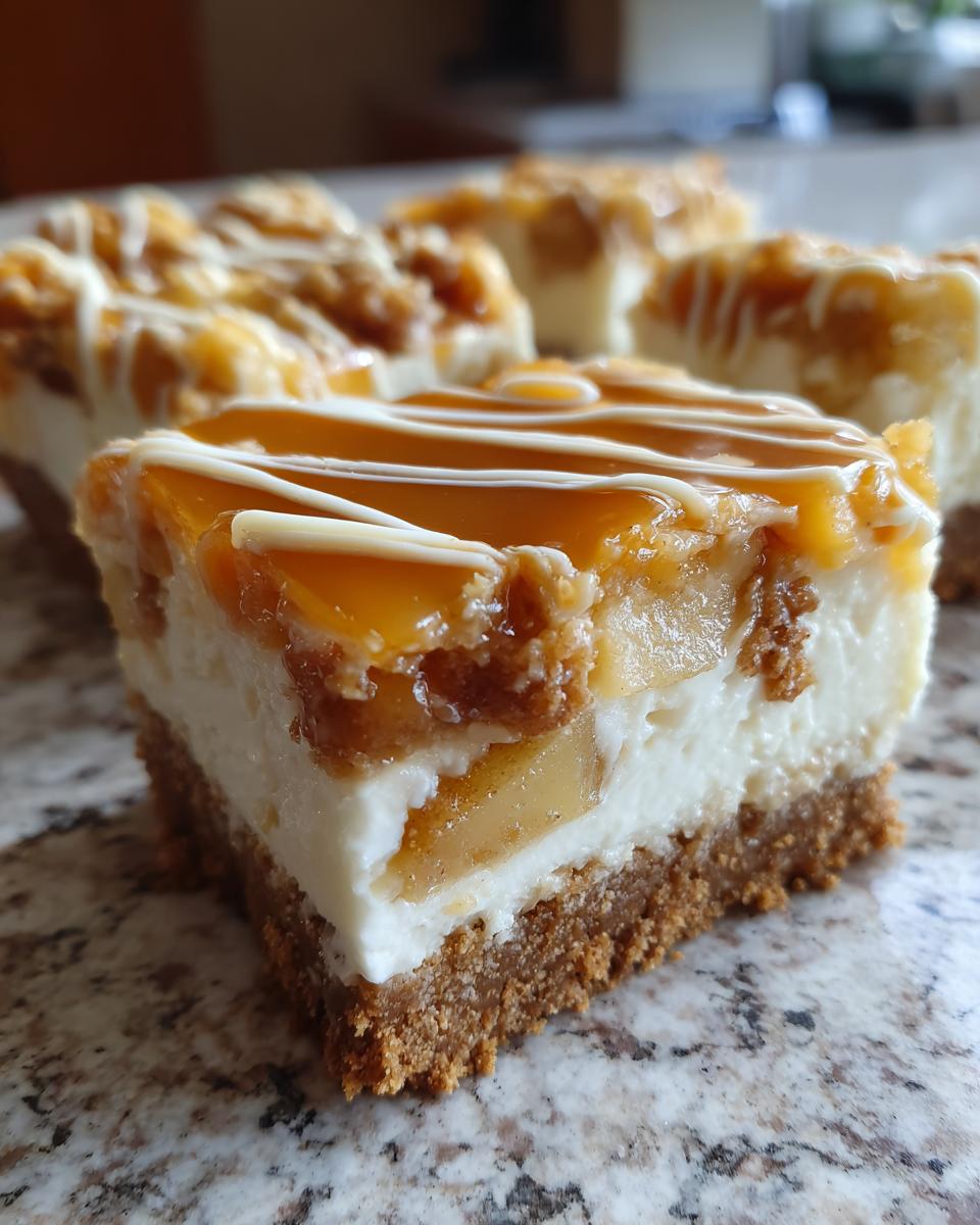 A close-up of a layered caramel apple cheesecake bars slice showing the graham cracker crust, creamy filling, and caramel apple topping.
