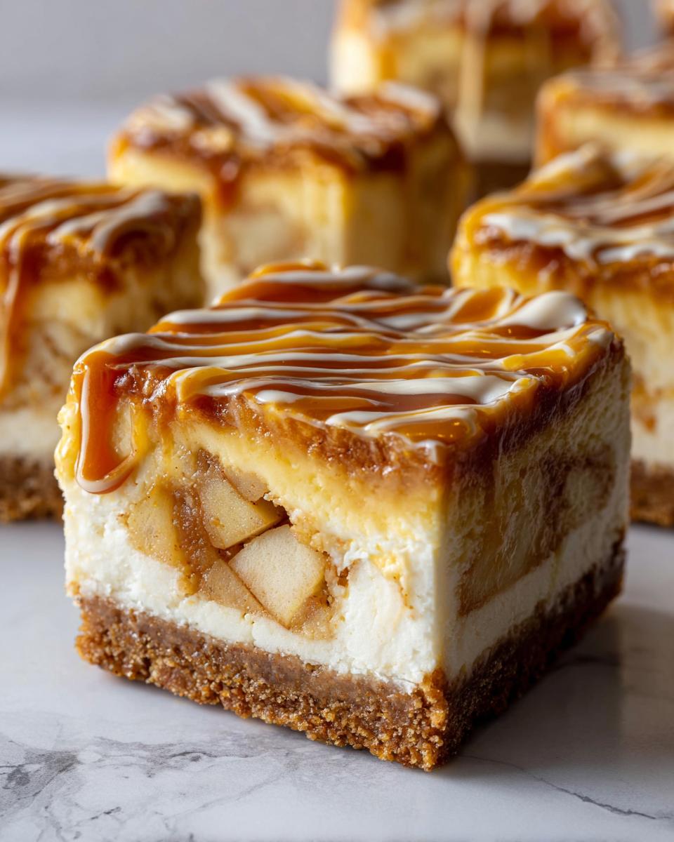 Close-up of a thick slice of caramel apple cheesecake bars with visible apple filling and caramel drizzle.