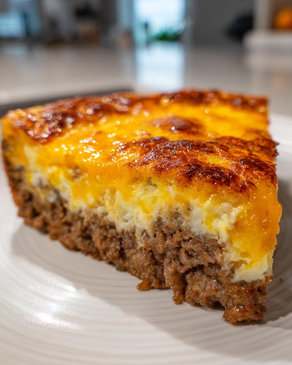 Close-up of a thick slice of carnivore cheeseburger pie showing a ground meat base and a cheesy, baked egg topping.
