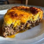A close-up slice of carnivore cheeseburger pie showing a thick layer of seasoned ground meat topped with melted, slightly browned cheese.