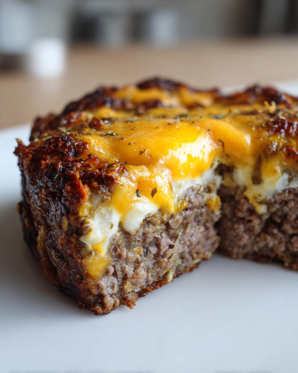 Close-up of a thick slice of carnivore cheeseburger pie showing the ground meat base and melted cheddar cheese topping.