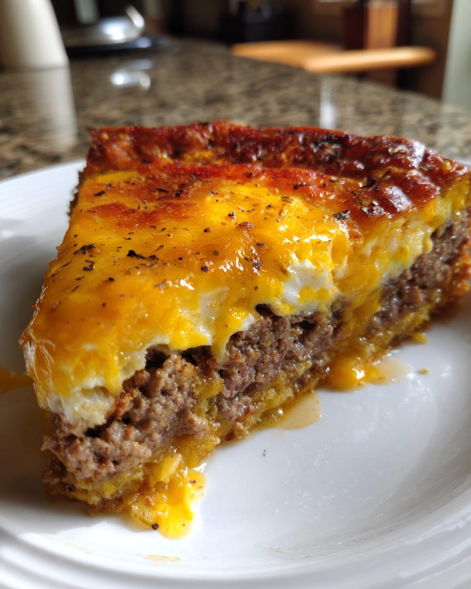A close-up slice of carnivore cheeseburger pie showing a thick layer of ground meat topped with melted cheddar cheese and baked egg.