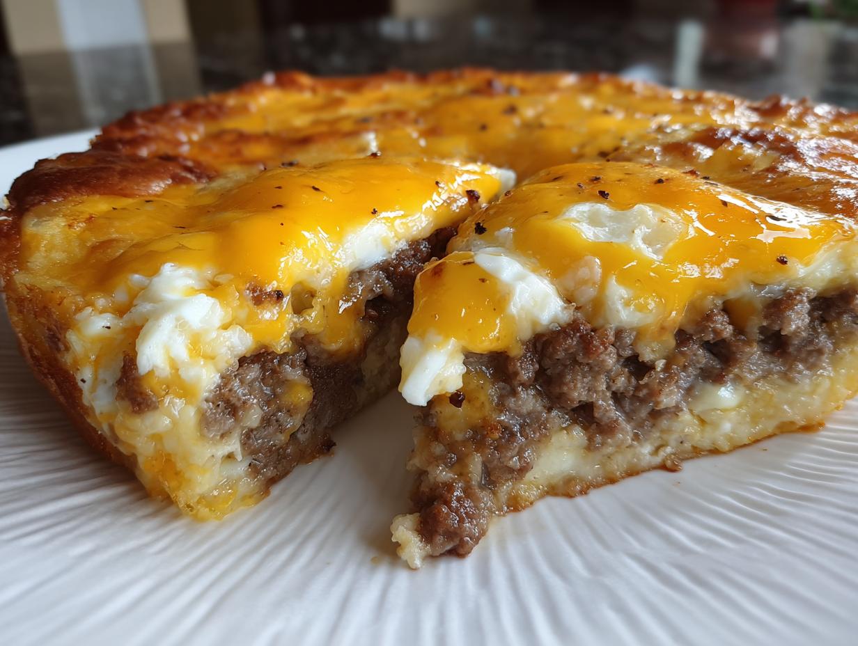 A close-up of a sliced carnivore cheeseburger pie showing layers of ground meat, egg, and melted cheddar cheese topping.