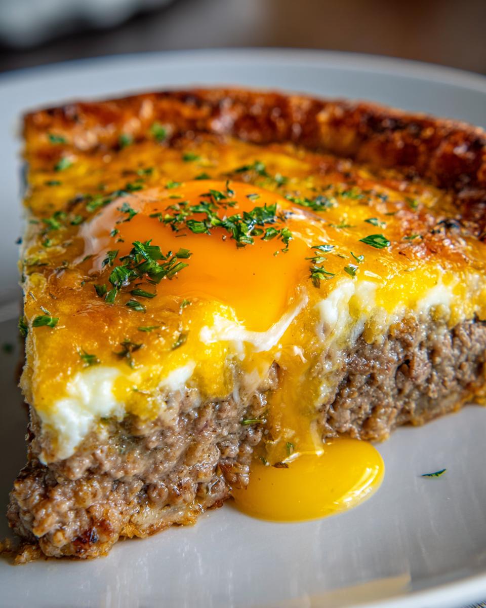 Close-up of a slice of carnivore cheeseburger pie topped with a sunny-side-up egg and fresh herbs.