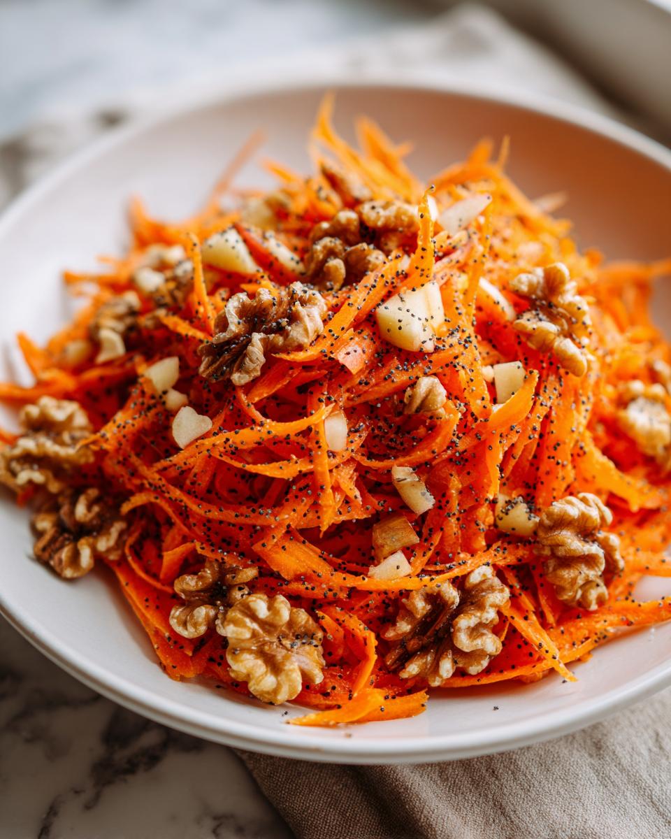 A close-up of vibrant carrot apple walnut salad featuring shredded carrots, chopped apples, walnuts, and poppy seeds in a white bowl.