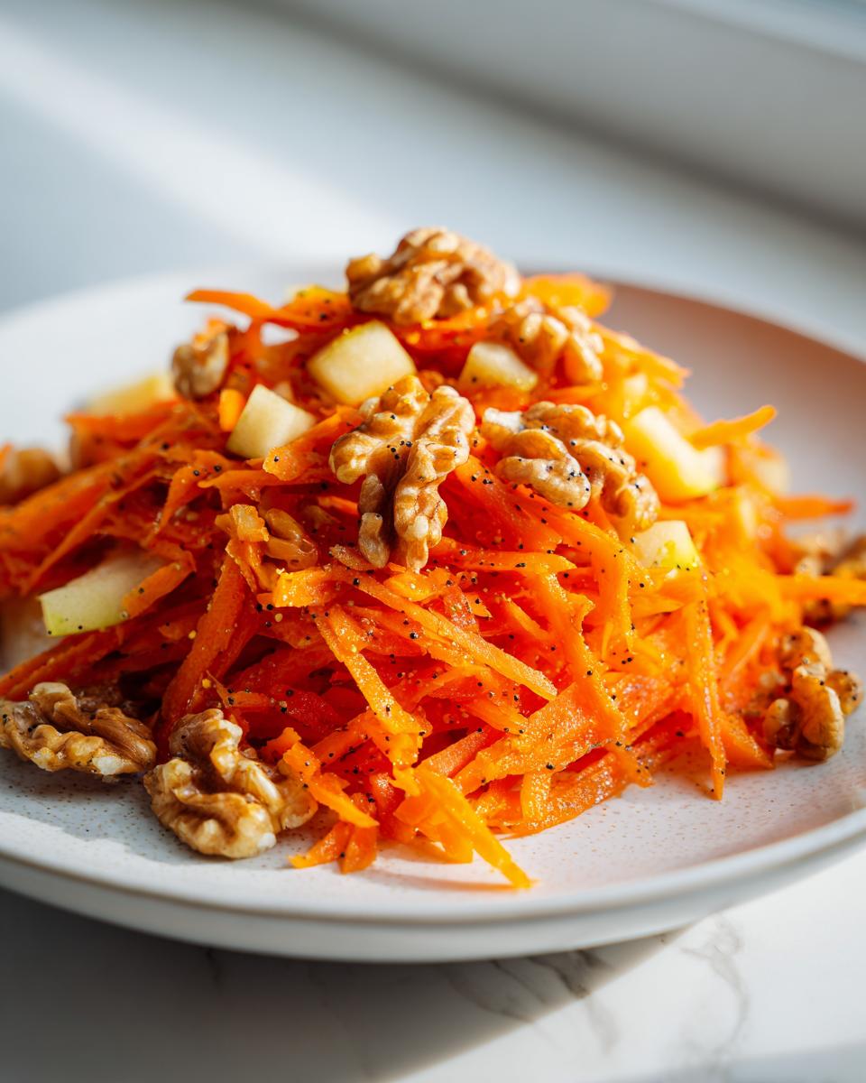 Close-up of a vibrant carrot apple walnut salad, featuring shredded carrots, diced apple, and whole walnuts.