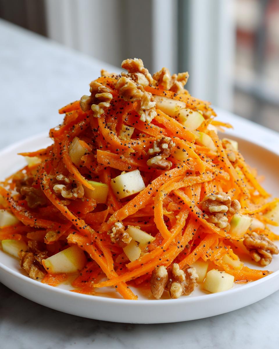 A vibrant mound of carrot apple walnut salad, featuring shredded carrots, diced apples, walnuts, and poppy seeds.