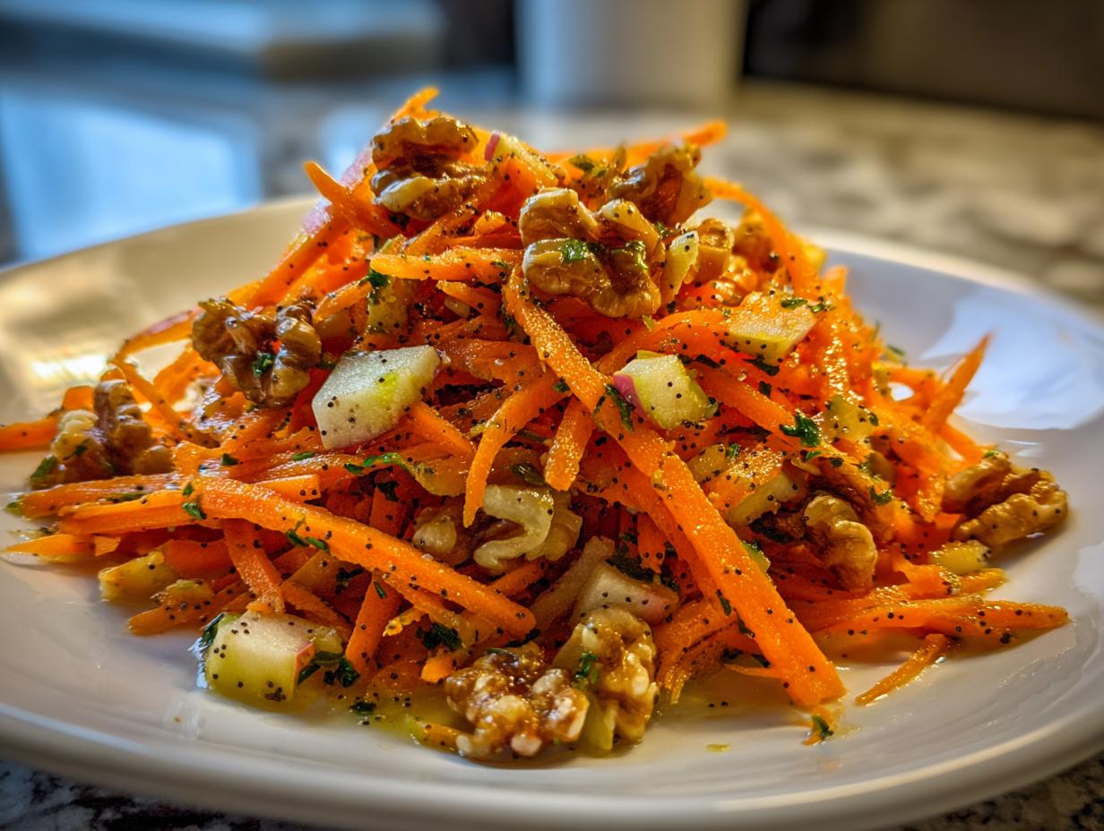 A close-up of a vibrant carrot apple walnut salad featuring shredded carrots, diced apples, walnuts, and poppy seeds.