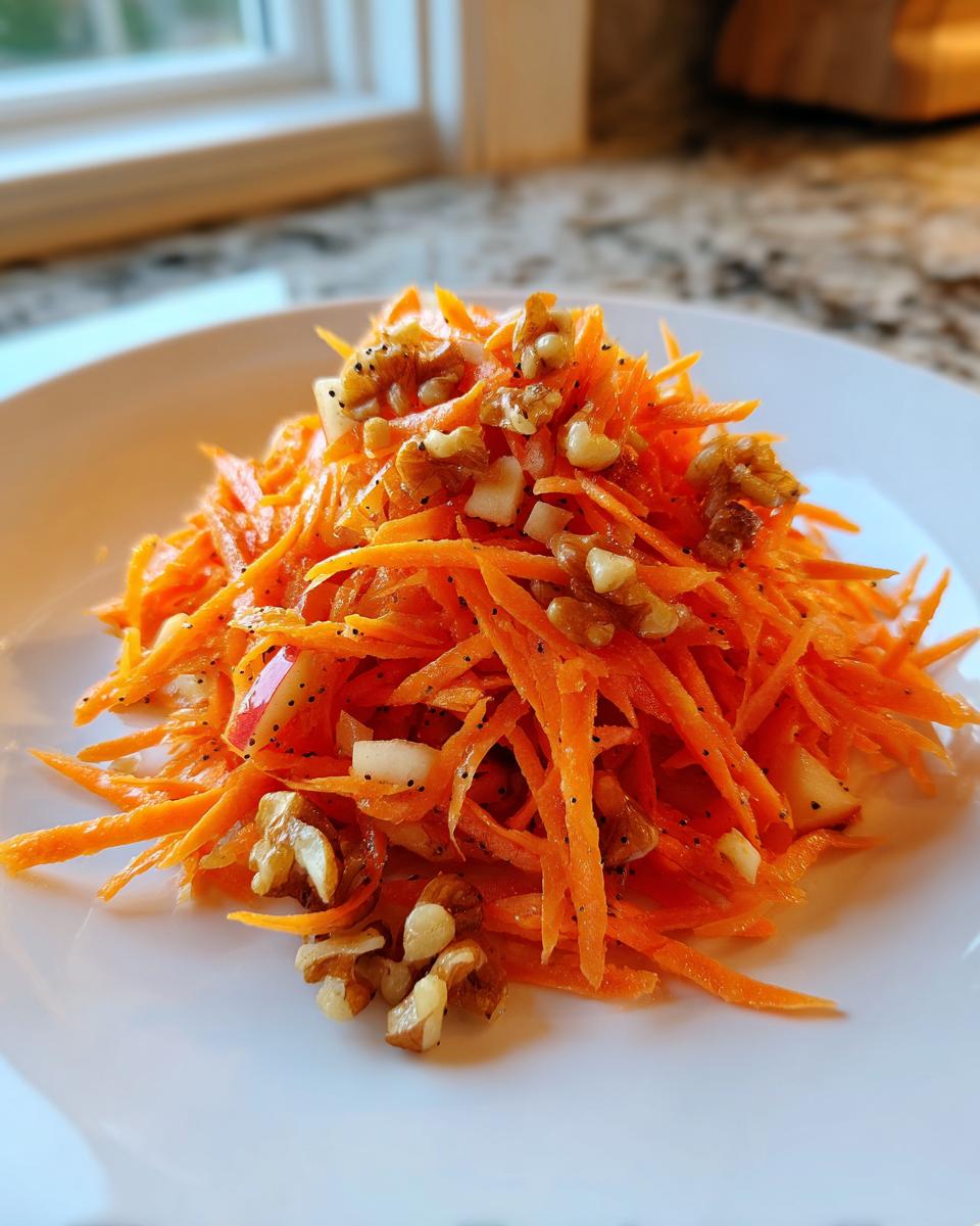 A bright mound of shredded carrot apple walnut salad topped with whole walnuts and poppy seeds on a white plate.
