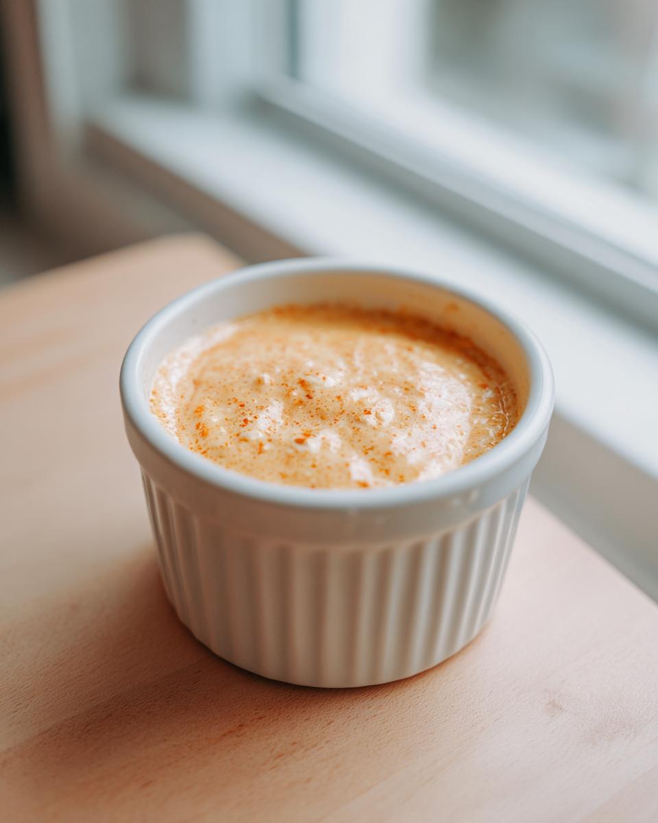 Close-up of creamy, orange-flecked cheeseburger egg roll sauce served in a small white fluted ramekin.