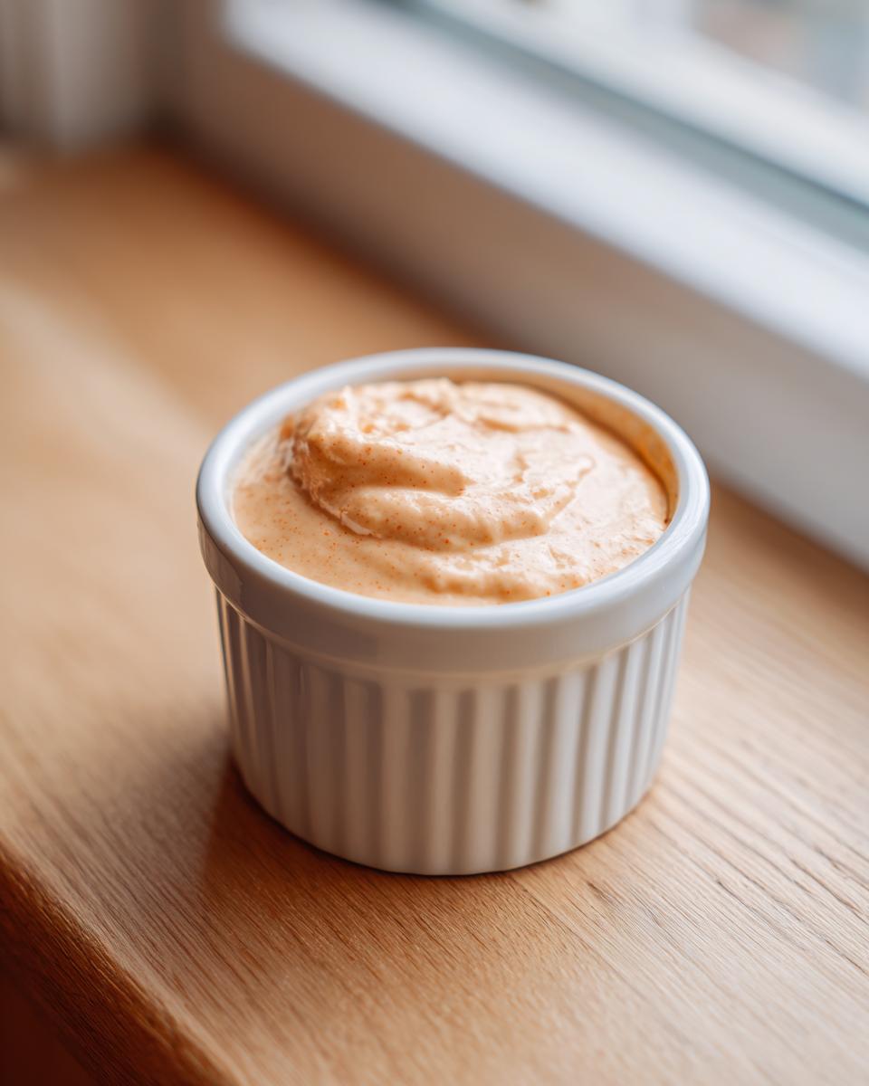 A small white ramekin filled with creamy, orange-tinted cheeseburger egg roll sauce, sitting on a wooden surface.
