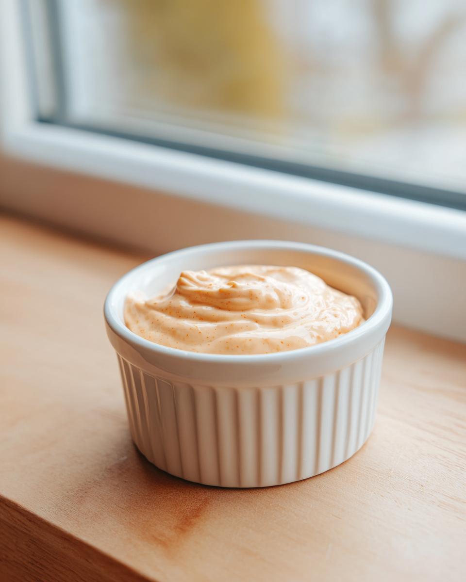 A small white ramekin filled with creamy, orange-tinted cheeseburger egg roll sauce, sitting on a wooden surface.