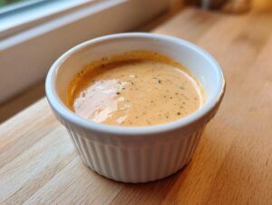 A close-up of creamy, orange-hued cheeseburger egg roll sauce seasoned with dark specks, served in a small white ramekin.